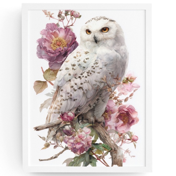Creative Path Studios Other - Watercolor Snowy Owl with Flowers Portrait Wall Art Print, Unframed - Enchanting